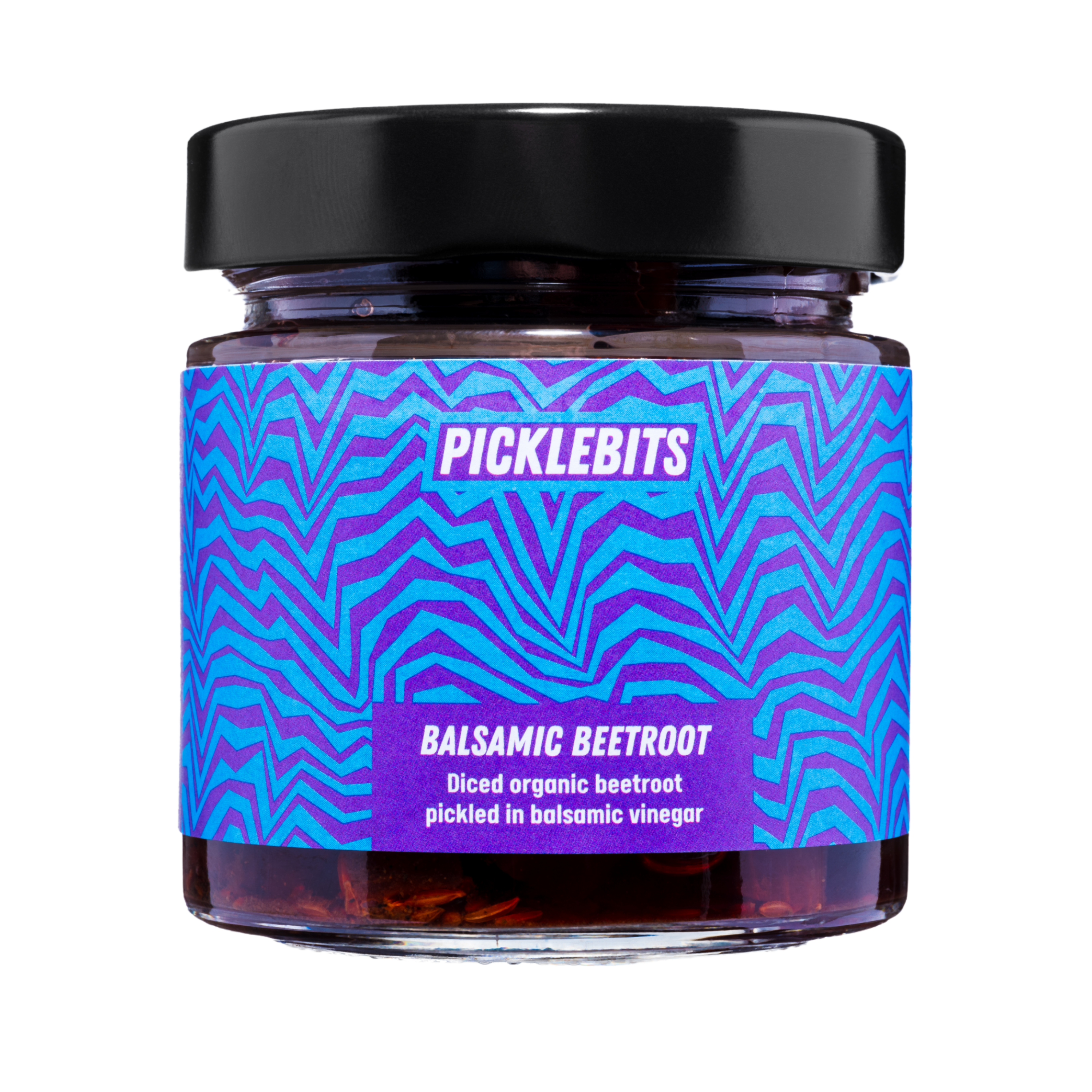 Jar of PICKLEBITS balsamic beetroot with a vibrant label with black lid.