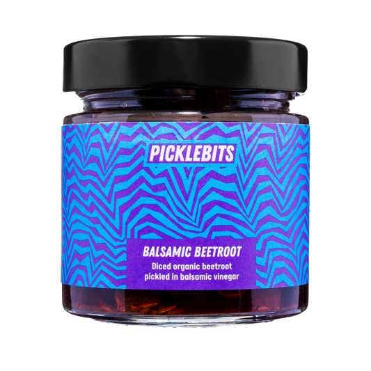 Jar of PICKLEBITS balsamic beetroot with a vibrant label with black lid.