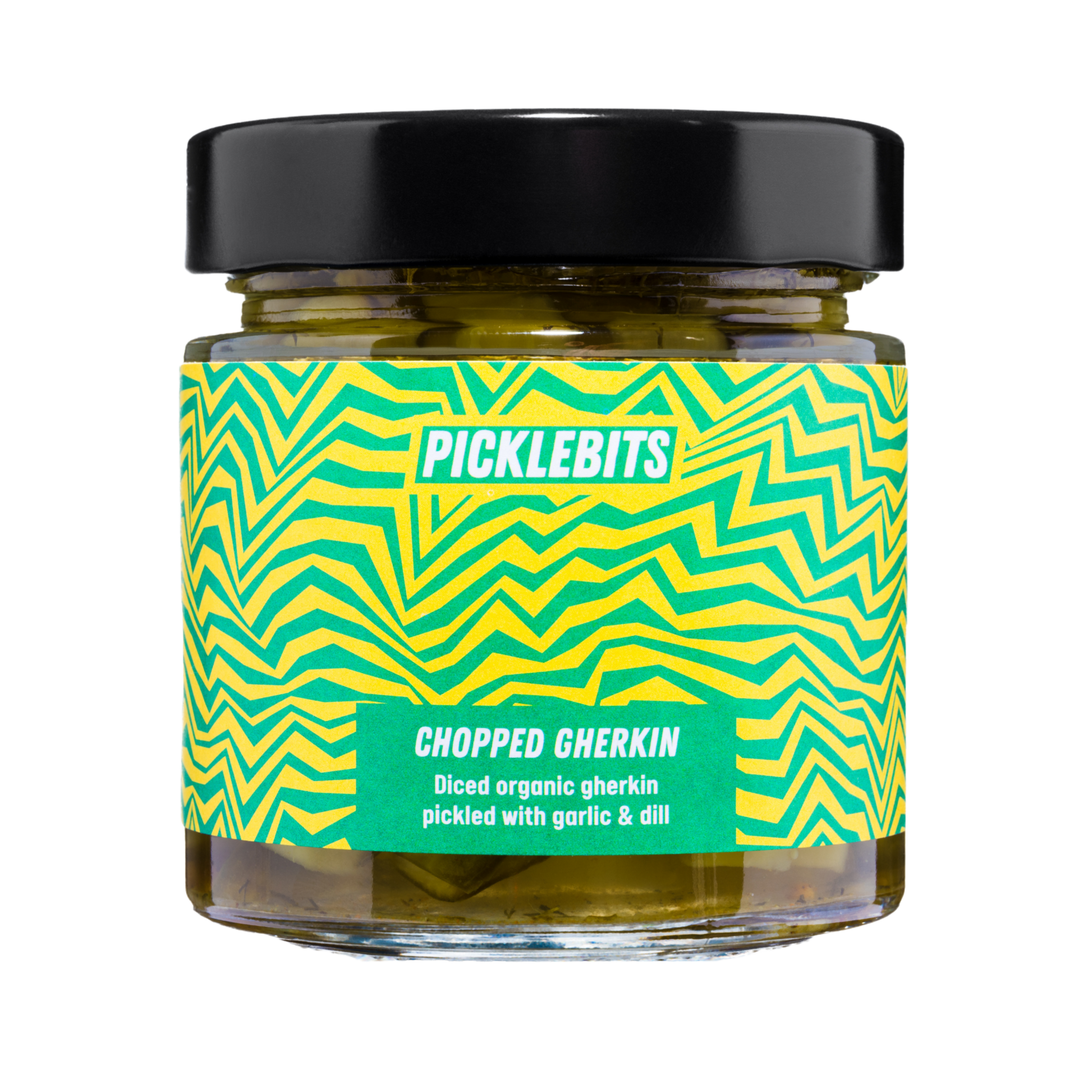 Jar of PICKLEBITS chopped gherkin with a vibrant label with black lid.