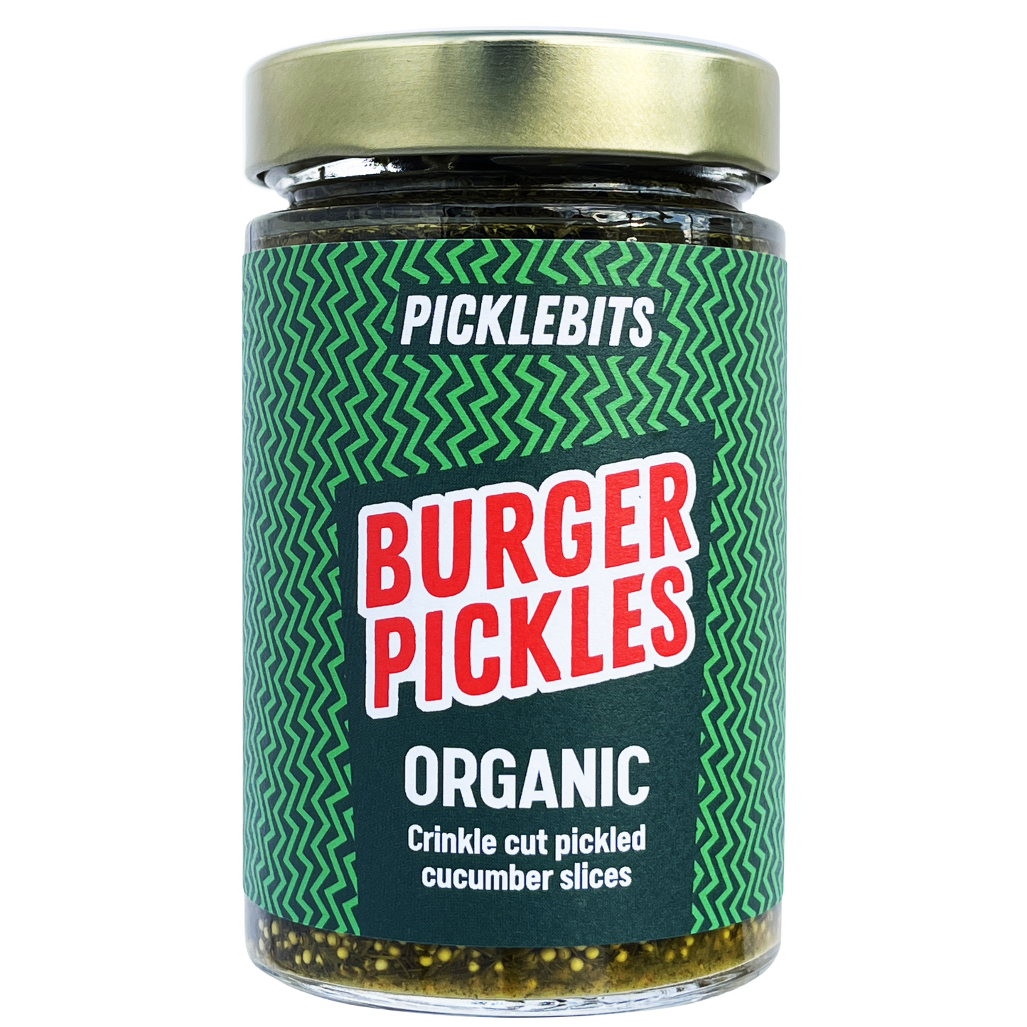 Jar of PICKLEBITS Burger Pickles with green label and gold lid on white background