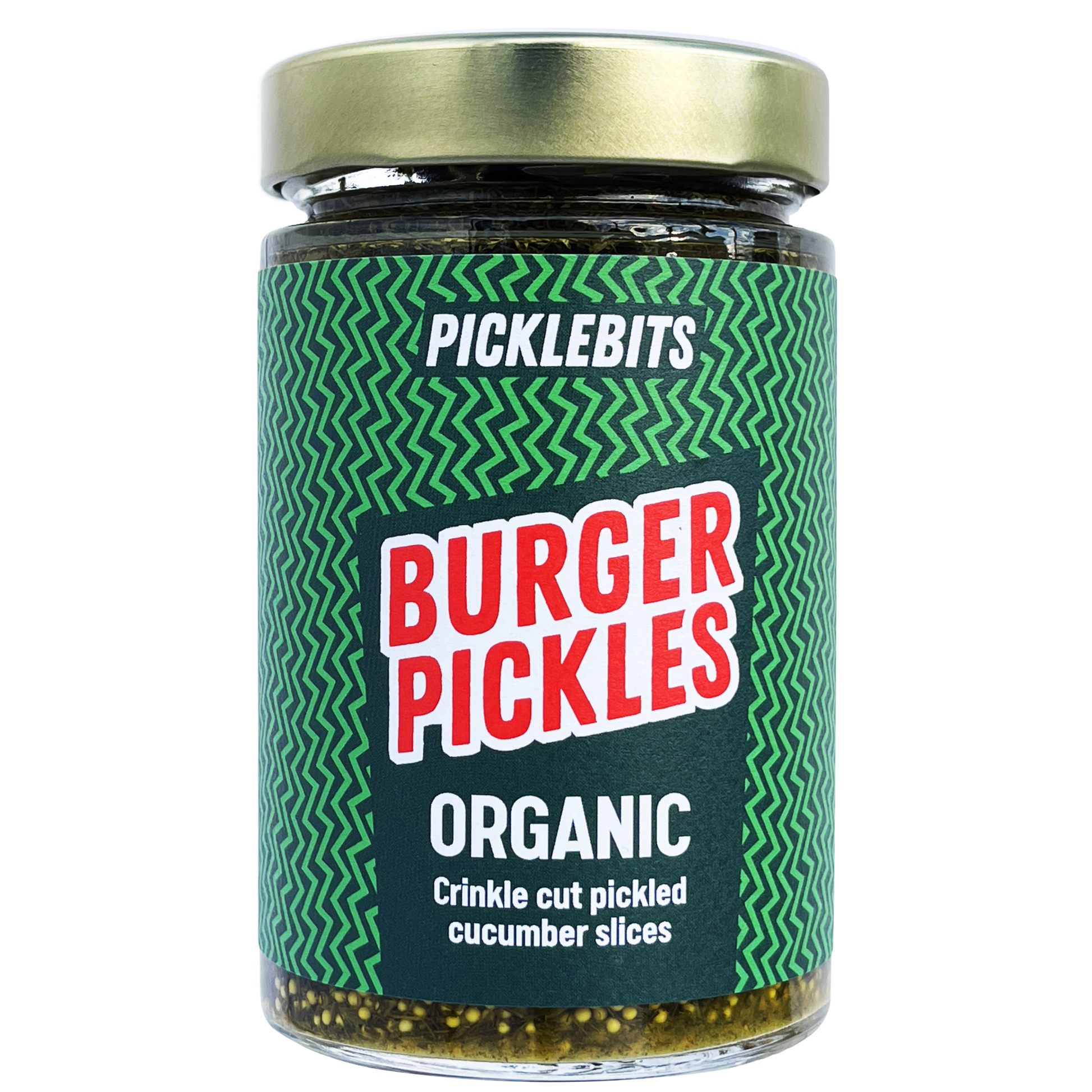 Jar of PICKLEBITS Burger Pickles with green label and gold lid on white background