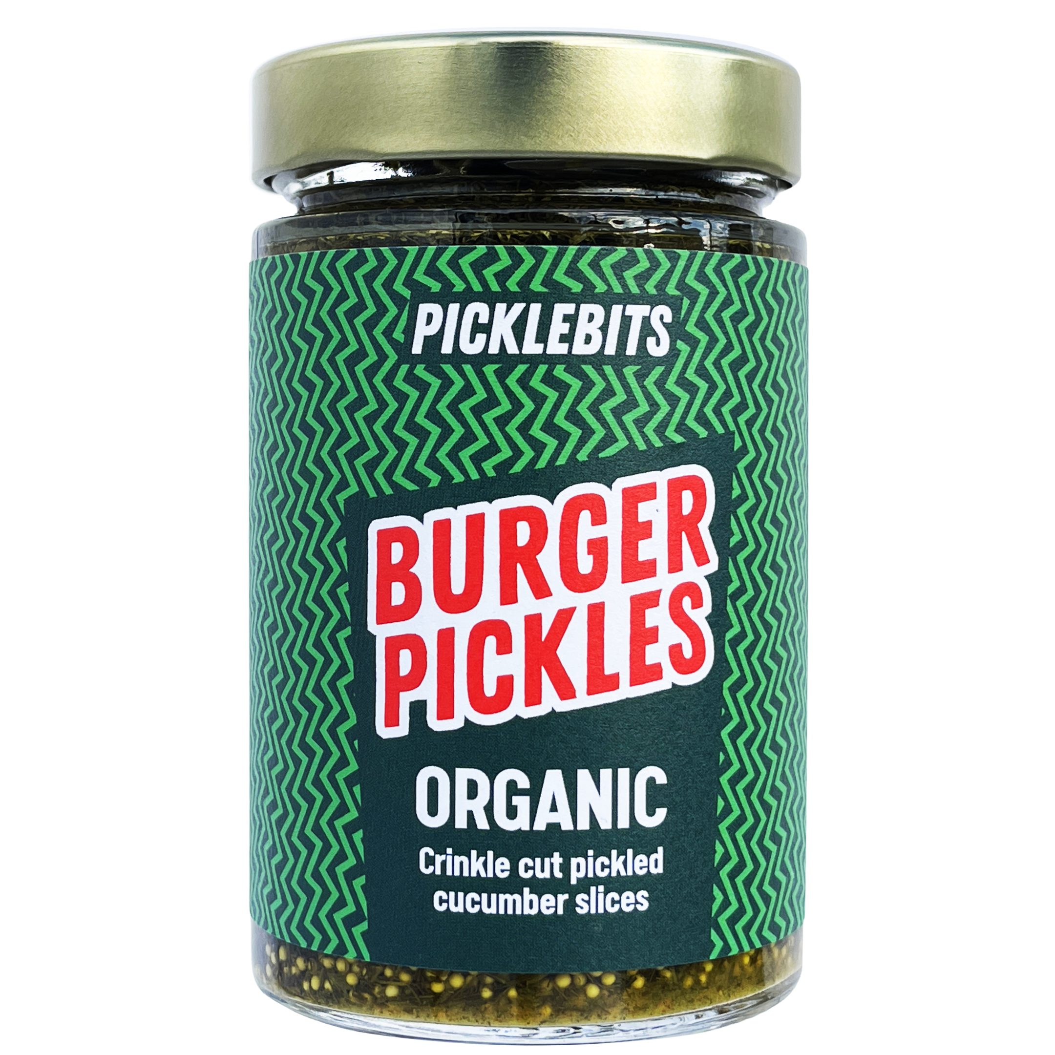 Jar of PICKLEBITS Burger Pickles with green label and gold lid on white background