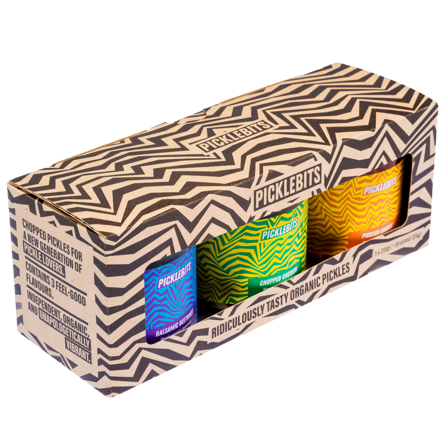 Box of Picklebits with colorful packaging on a white background