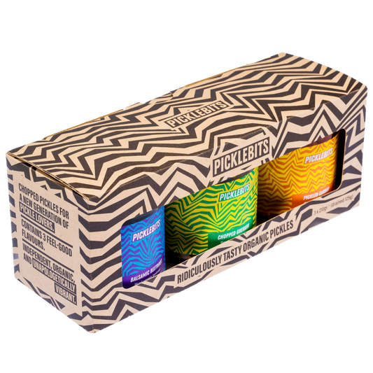 Box of Picklebits with colorful packaging on a white background