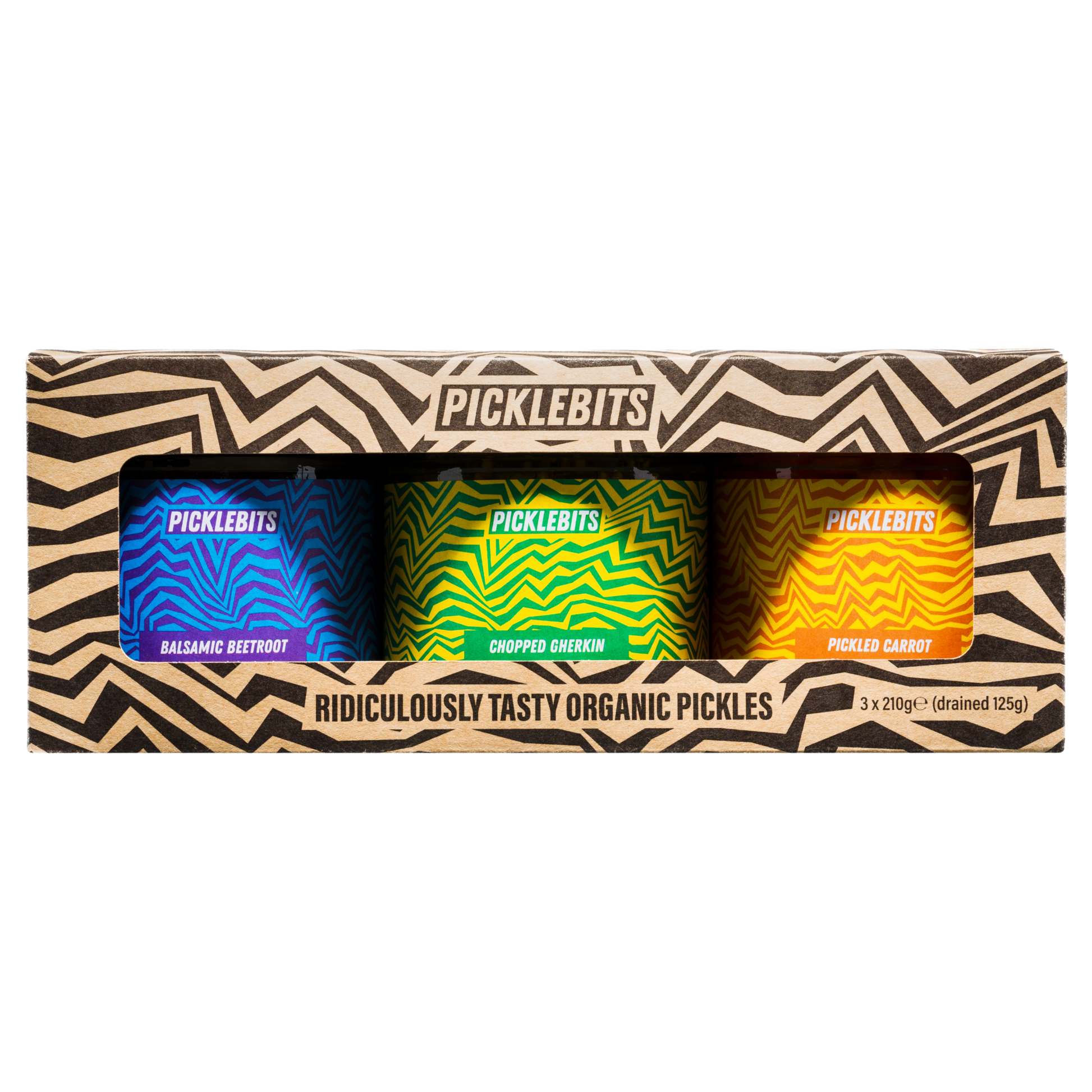 Gift pack of PICKLEBITS with three different flavors with colourful packaging
