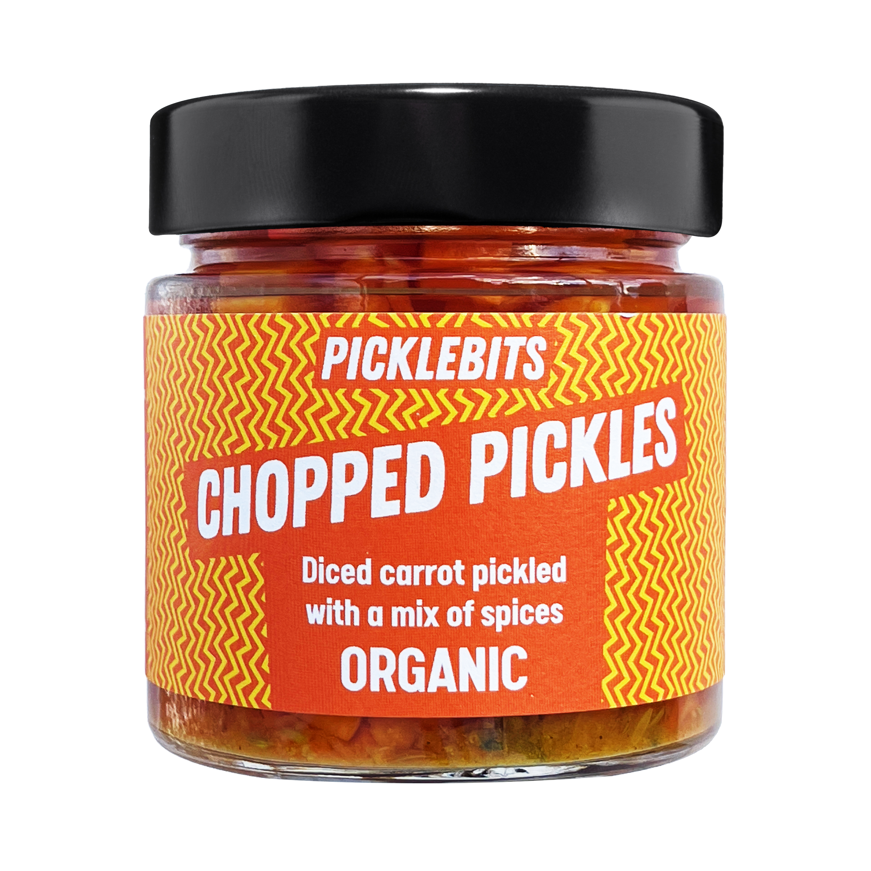 Jar of PICKLEBITS pickled carrots with a vibrant label with black lid.
