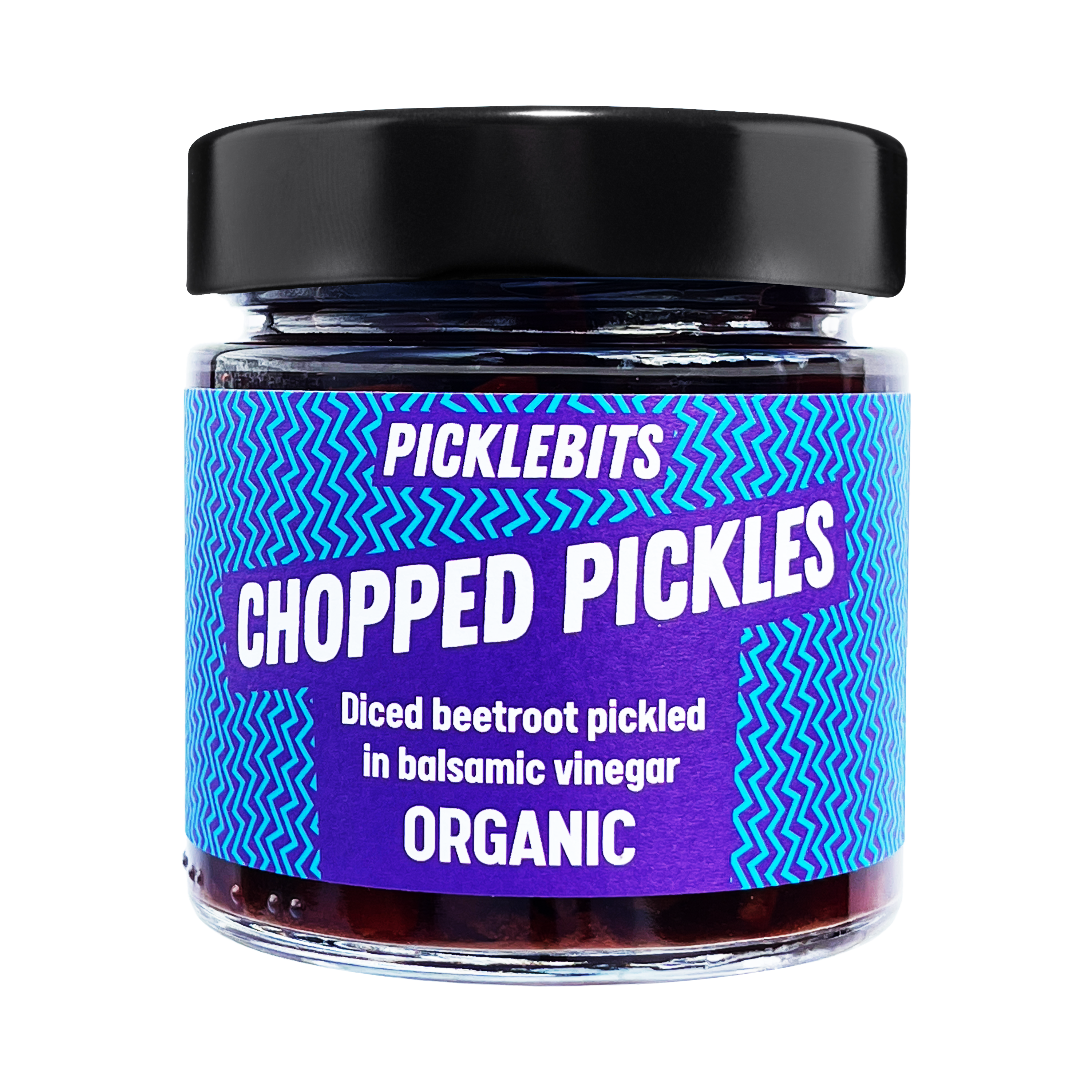 Jar of PICKLEBITS balsamic beetroot chopped pickles with a vibrant label with black lid.