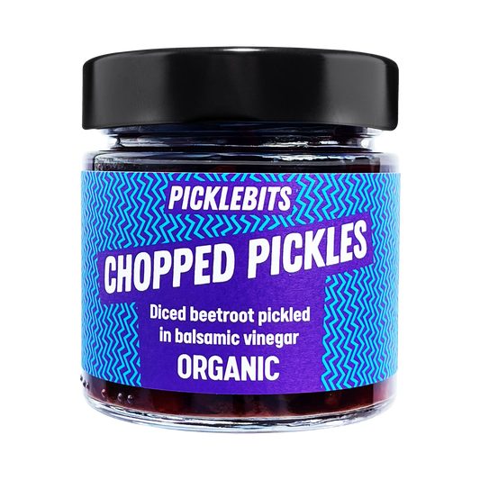 Jar of PICKLEBITS balsamic beetroot chopped pickles with a vibrant label with black lid.