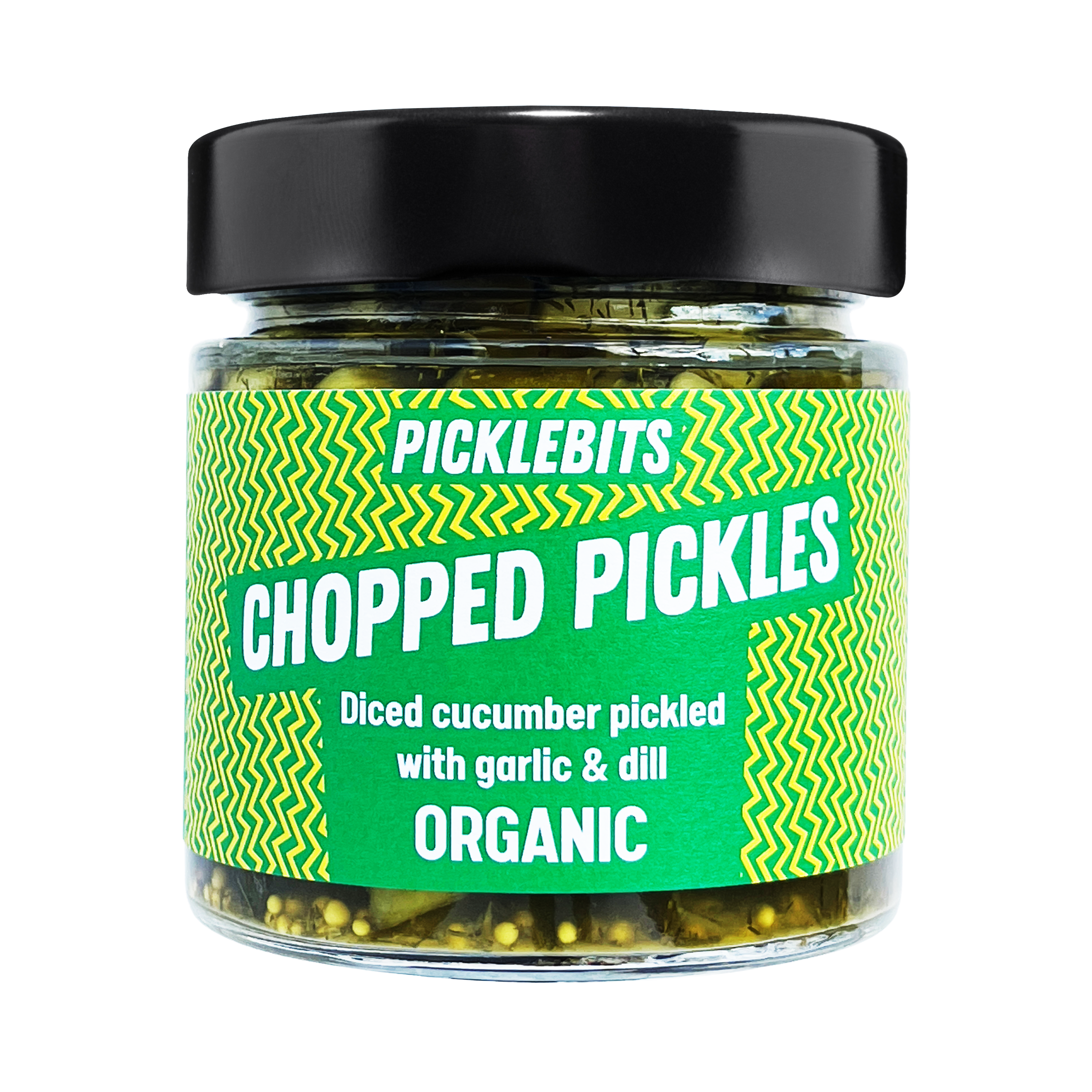 Jar of PICKLEBITS chopped pickled cucumber with a vibrant label with black lid.