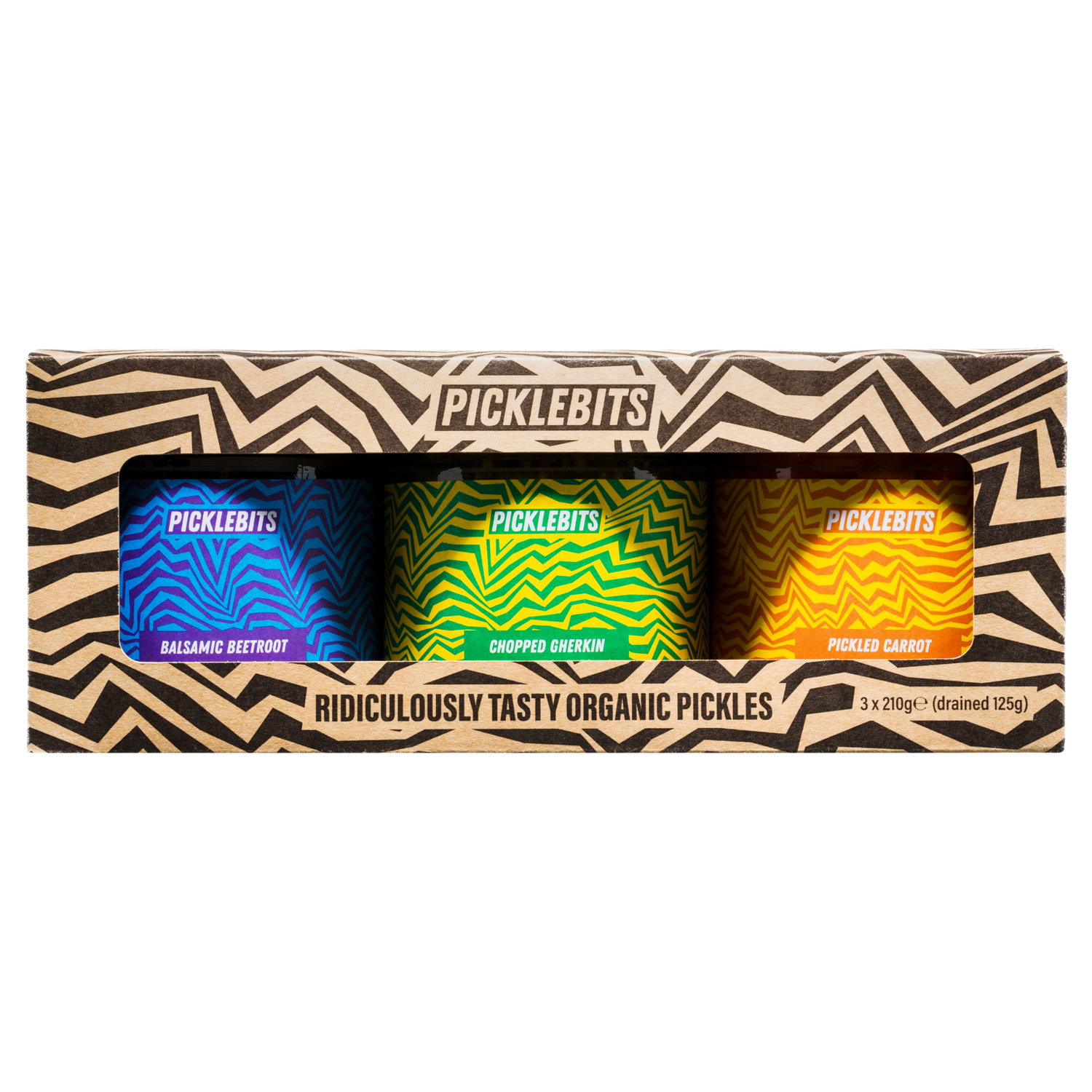 Organic pickle gift pack, great gift for foodie. Chopped gherkin, beetroot, pickled carrot