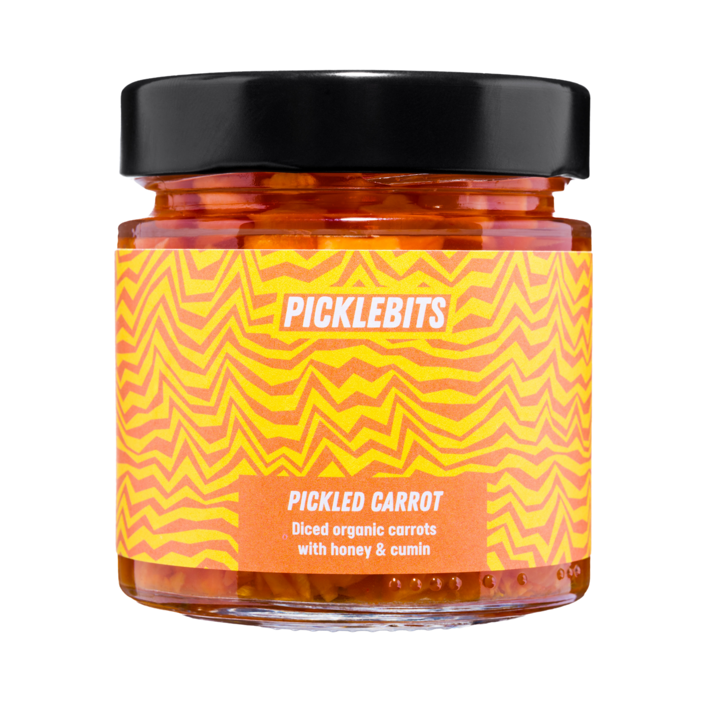 Jar of PICKLEBITS pickled carrots with a vibrant label with black lid.