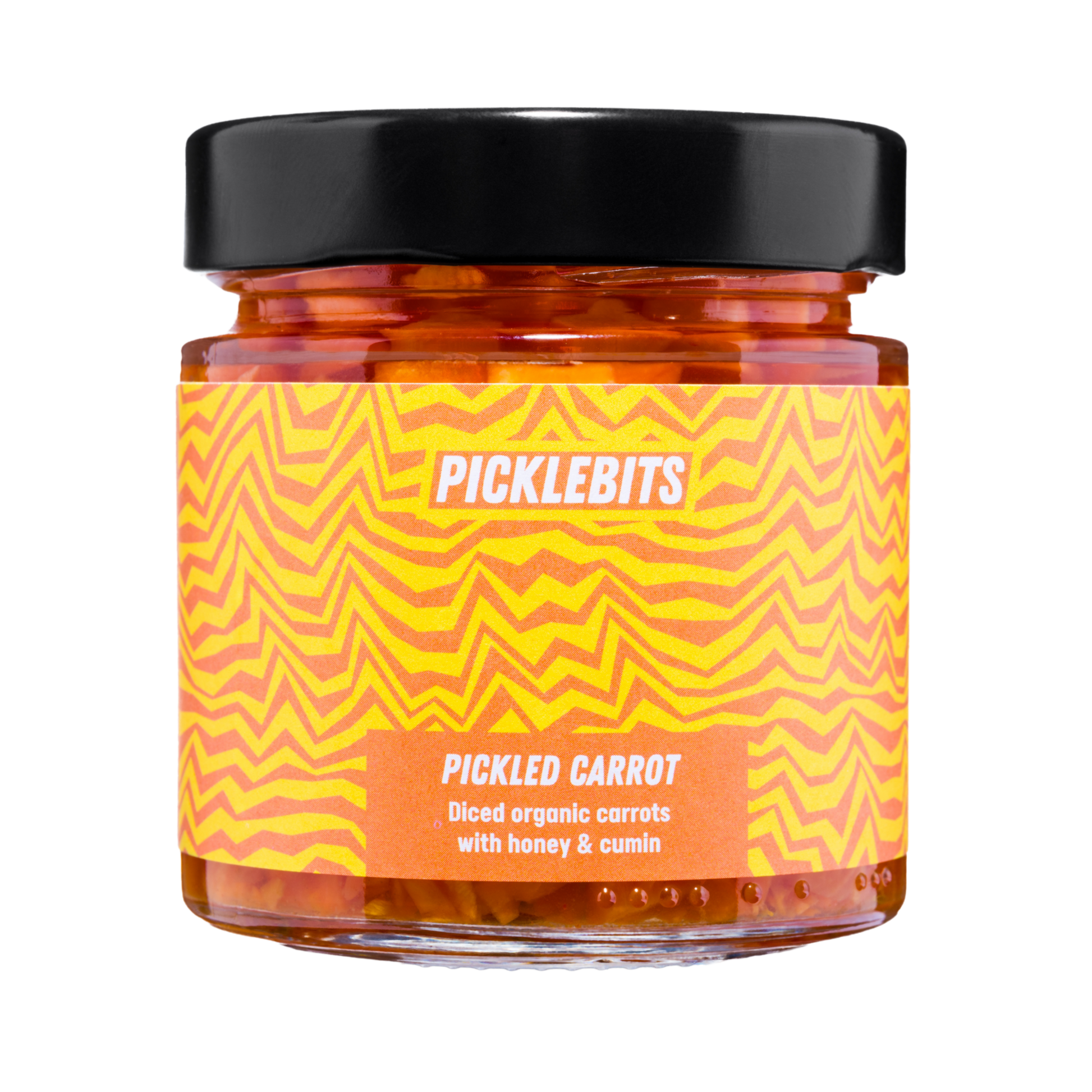 Jar of PICKLEBITS pickled carrots with a vibrant label with black lid.