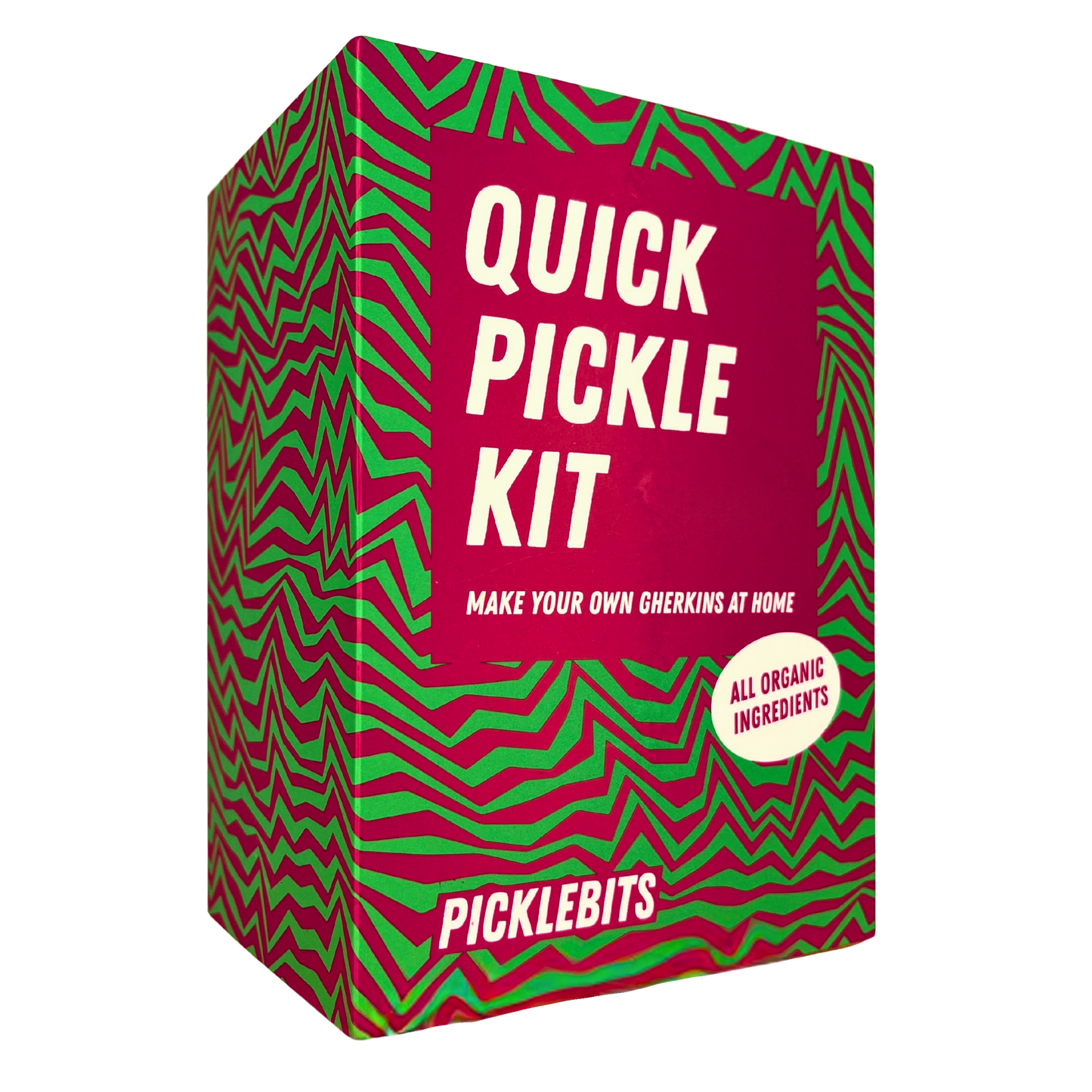 Quick Pickle Kit packaging with green and red design. Great Christmas gift stocking filler